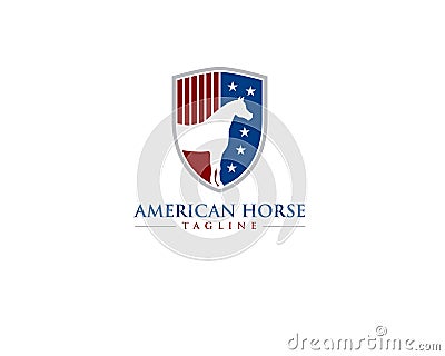 American flag stripes and star with horse or equine on crest or shield Vector Illustration