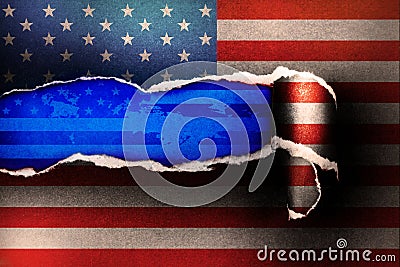 American flag on Torn Paper and space with sky blue paper background , Independence day concept Stock Photo