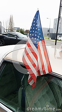 American flag of USA on roof Made Cars Sale Stock Photo