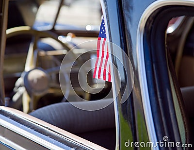 American Flag In A Vintage Car Stock Photo