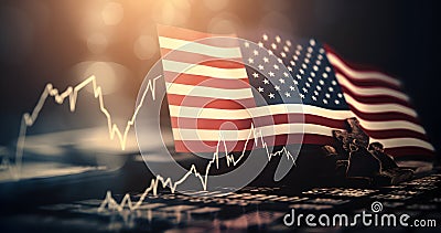 american flag, virtual financial graph, economy money, economic crisis America, Stock Photo