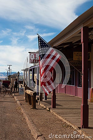 American flag waving at Old Town Tombstone streets Editorial Stock Photo