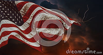 American flag waving in the wind Thunderstorm with lightning Multiple forks of lightning pierce the night sky Stock Photo