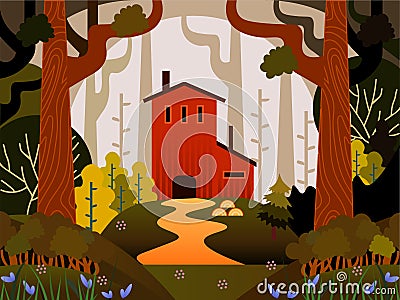 Autumn forest landscape, flat design, lumber mill Vector Illustration