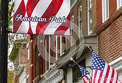 American flags and American Pride banners are seen all over the historical town of Easton Stock Photo