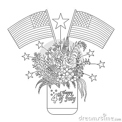 American flags on flowers and decorations on a mason jar for design element and coloring book page. Vector illustration Vector Illustration