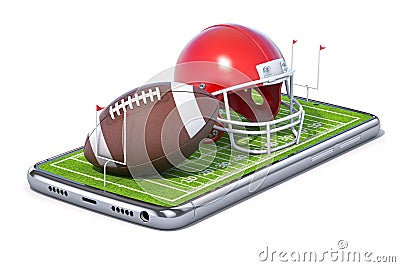 American football app video game on smartphone.. Mobile phone and american football ball and helmet isolated on white Cartoon Illustration