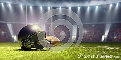 American football background with ball and black helmet Stock Photo