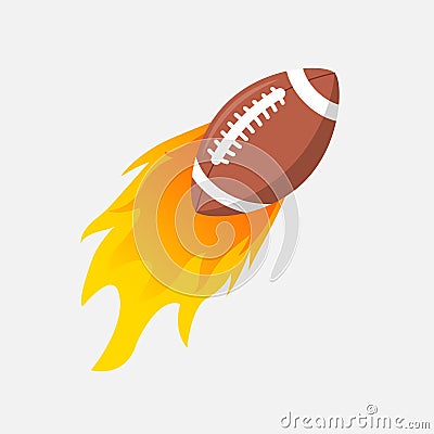 American Football ball in fire flame. Rugby fireball cartoon icon. Fast ball logo in motion isolated Vector Illustration