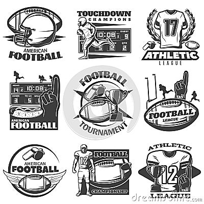 American Football Black White Emblems Vector Illustration