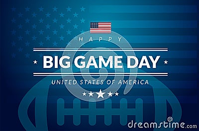 American football championship big game sunday card - USA flag, american football ball, stars and stripes patriotic blue Vector Illustration