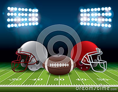 American Football Field with Helmets and Ball Illustration Vector Illustration