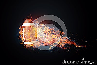 American football game. Soccer ball enveloped by fire. The concept of sport, wrestling, speed, opposition. Mixed media, copy space Stock Photo