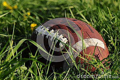 American football ball on green grass during halftime Editorial Stock Photo