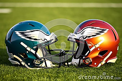 American football helmets at the artificial grass playing field Generative AI Stock Photo