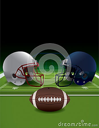 American Football Helmets, Ball, and Turf FIeld Vector Illustration