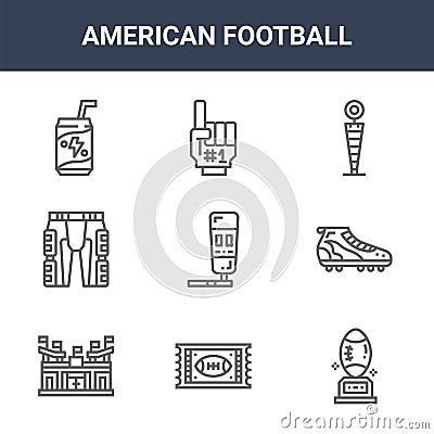 9 american football icons pack. trendy american football icons on white background. thin outline line icons such as trophy, shoes Vector Illustration