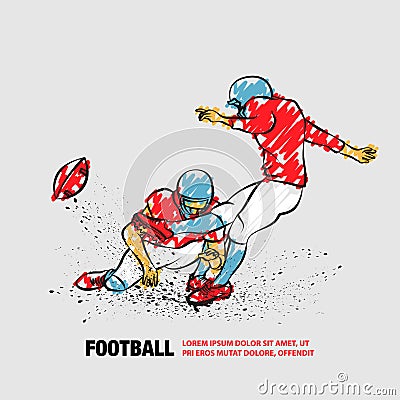 American Football Kicker Hits the Ball. Vector outline of Football player with scribble doodles style. Vector Illustration