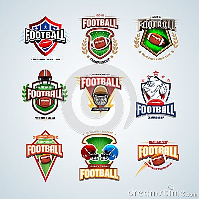 American football logo templates set and badges, crests and t-shirt, label and emblem, t-shirt and icons Cartoon Illustration
