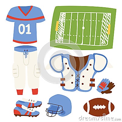American football player action sport athlete uniform sporty accessory success playing tools vector illustration Vector Illustration