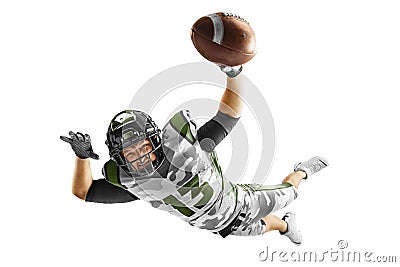 American football player in a jump, in flight. Professional athlete during the game, playing in action and movement Stock Photo