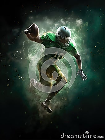 American football player jumping in the air with the ball. Team spirit, overcoming, equality and tolerance concept in the sport Stock Photo