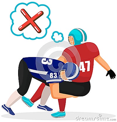 American football, rugby players in action and disagree icon, red cross sticker in speech bubble Vector Illustration