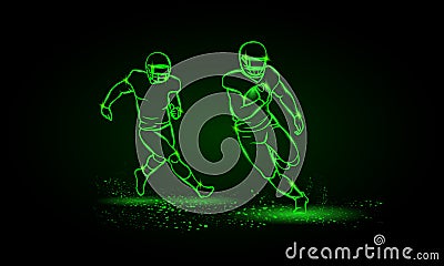 American football players. Runaway player with ball and the catching player behind. Green Neon American football Sports Vector Illustration