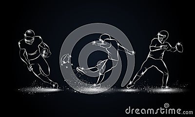 American football players set. Metallic linear football player illustration. Vector Illustration