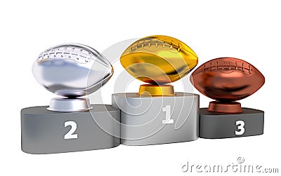 American Football Podium with Gold Silver and Bronze Trophy Stock Photo