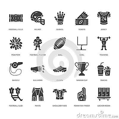 American football, rugby vector flat glyph icons. Sport game elements - ball, field, player, helmet, fan finger, snacks Vector Illustration