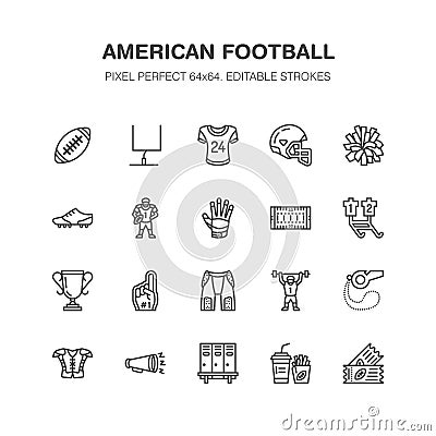 American football, rugby vector flat line icons. Sport game elements - ball, field, player, helmet, fan finger, snacks Vector Illustration