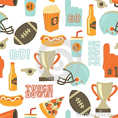 American Football seamless vector pattern. Helmet, trophy, beer, foam finger, fast food, go and touch down lettering. Vintage Stock Photo