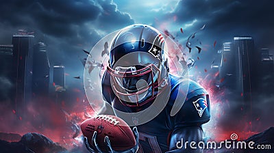 American football themed poster and wallpaper for Super Bowl featuring football helmet, ball, player and stadium. - generative ai Stock Photo