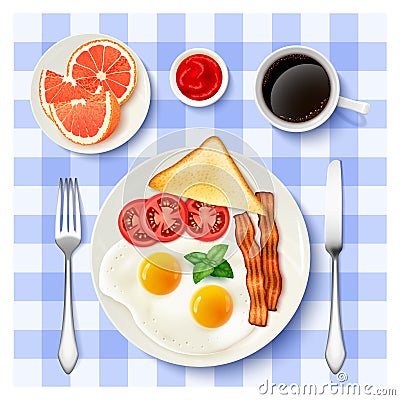 American Full Breakfast Top view Image Vector Illustration