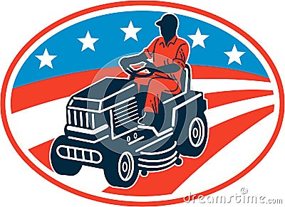 American Gardener Mowing Lawn Mower Retro Vector Illustration