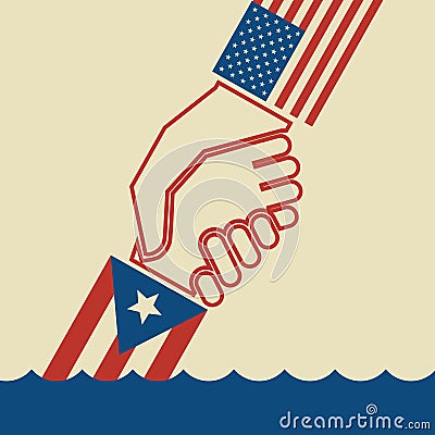 American hand pulling up Puerto Rican hand to safety Vector Illustration