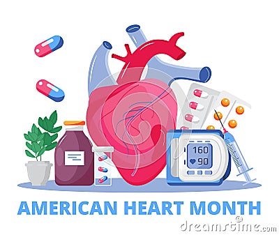 American Heart Month concept vector. Heart disease concept with cardiologist, EKG, cardiogram. Medical template of hypotension Vector Illustration