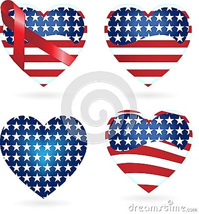 American Hearts with Ribbons Vector Illustration