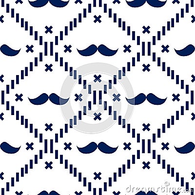 American Hipster Mustache Tartan Plaid and Argyle Vector Patterns in Patriotic White and Blue. 4th of July or Father`s Day Stock Photo