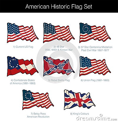 American Historic Waving Flag Set Vector Illustration