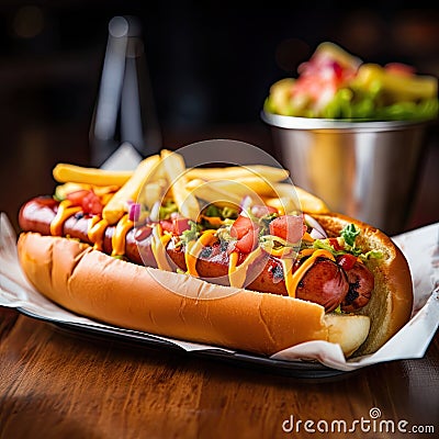 an american hot dog with a portion of french fries blurred restaurant in the background Stock Photo