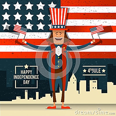 American Independence Day. The 4th of July. A man in national co Vector Illustration