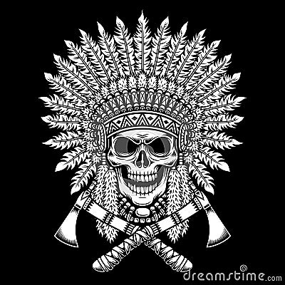 American Indian Chief Skull with Crossed Tomahawks on Black Background Vector Illustration