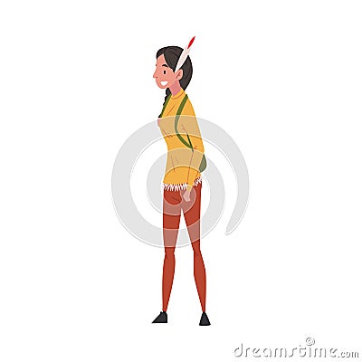 American Indian Girl in Casual Clothes and Feather in Her Hair, International College or University Female Student Vector Illustration