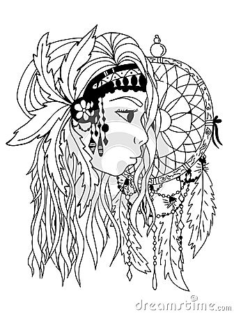 American indian girl. Hand drown, black and white. Zentangle vector image. Vector Illustration