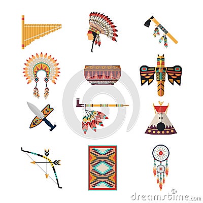 American indian symbols. Bow, axe, headdress, wigwam Vector Illustration