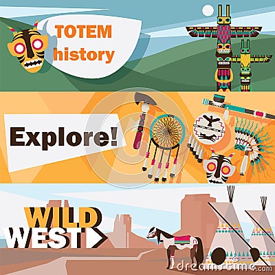 American indians wild west flat banner set isolated Vector Illustration