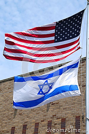 American and Israeli flags flying high in Brooklyn, New York Stock Photo