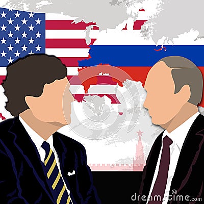 Profile of american journalist Tucker Carlson and Russian President Vladimir Putin against the backdrop of the US and Russian Editorial Stock Photo